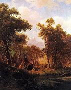 Albert Bierstadt Indian Encampment, Shoshone Village - in a riparian forest, western United States oil painting reproduction